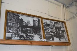 Two reproduction black and white photographic prints early 20th Century street scenes