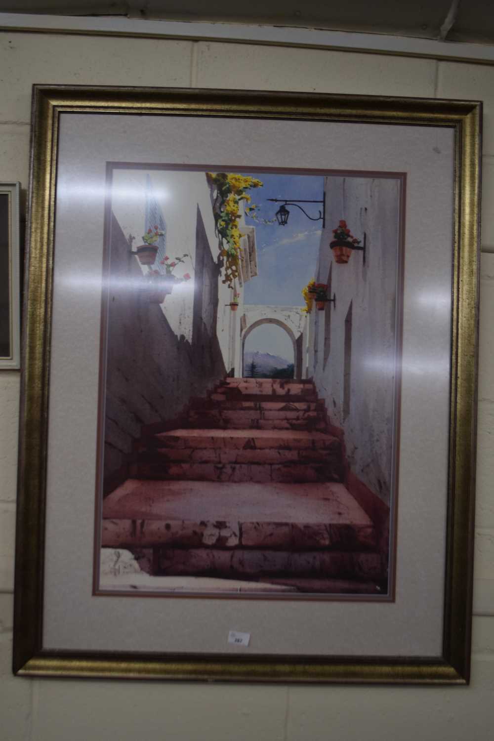 Large contemporary study of a continental alleyway, framed and glazed