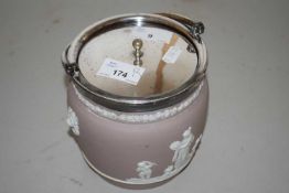 Wedgwood Jasper ware biscuit barrel with silver plated mounts, 14cm high