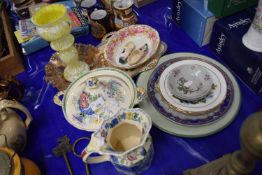 Mixed Lot: Carnival Glass bowl, Masons jug, various decorated plates etc