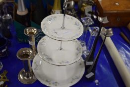 Mixed Lot: Three pairs of candlesticks and a three tier cake stand