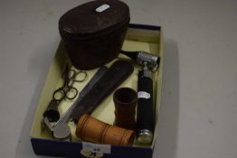 Mixed Lot: Vintage turned wooden dice shakers,small whistle, small leather mounted vanity case etc