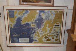 Coloured print, Fish, The Main Types Caught by British Trawlers with descriptive map, framed and