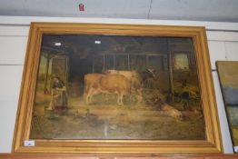 Oleograph study of barn interior with cattle and poultry, gilt framed