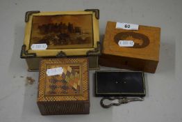 Mixed Lot: Small jewellery box with photographic mounted top, two small puzzle boxes and a further