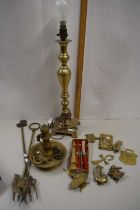 Mixed Lot: Brass table lamp, various brass door knockers, fire tools etc plus a further case of