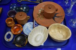 Tray of various mixed items to include a Portugese floral plate, various jelly moulds, assorted