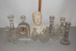 Mixed Lot: Waterford Crystal mantel clock, various glass candlesticks, plaster work bust of George