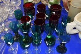 Collection of various turquoise and red drinking glasses, sundae dishes etc to include some