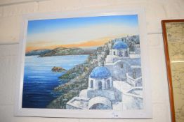 Contemporary school study of a Greek seaside town, oil on canvas