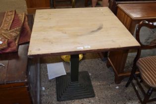 Metal based pub table with scrubbed wooden top, 75cm wide