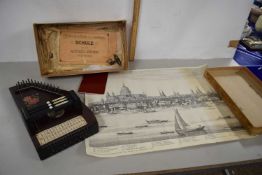 Vintage autoharp together with a fire poker and a reproduction print of the River Thames