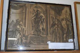 J.Jordaens antique black and white engraving with inscription in Latin, framed and glazed