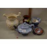 Mixed Lot: Victorian blue glazed teapot, Victorian small blue glazed Castle Hedingham type urn