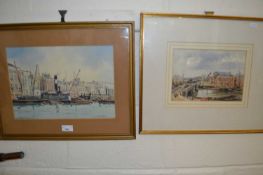 C J Ashford study of a harbour scene, watercolour scene, together with one other