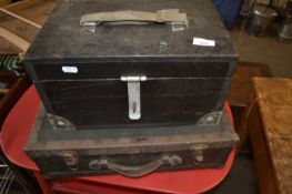 Wooden and metal bound style suitcase storage box together with another storage box