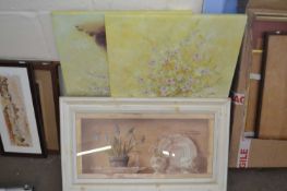 Pair of floral studies together with a reproduction print of Hyacinths on a shelf