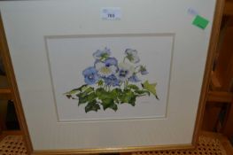 Watercolour of pansies by S Kenyan, framed and glazed