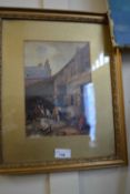 Reproduction print of workmen in a courtyard, framed