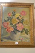 20th Century school study of a vase of roses, oil on board