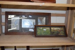 Series of three framed photographs and two framed postcards