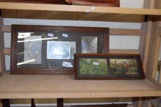 Series of three framed photographs and two framed postcards