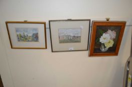 Watercolour by Muriel Inwood together with an oil of roses and another watercolour