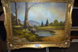 Oil on board, landscape with pond, signed Welford