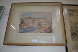 Watercolour of a bridge over a river, framed