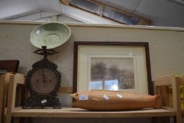 Mixed Lot: Set of scales, terracotta fish and a watercolour