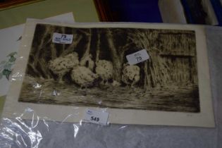 An unframed etching of chickens