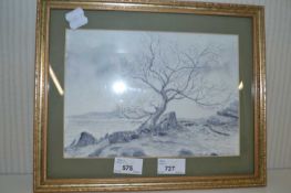 J R Butcher study of an upland landscape watercolour, framed