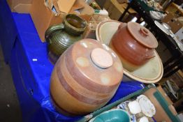Terracotta dairy bowl together with a cask jar and cover and a jug