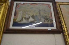 Primitive needlework picture of boards at sea