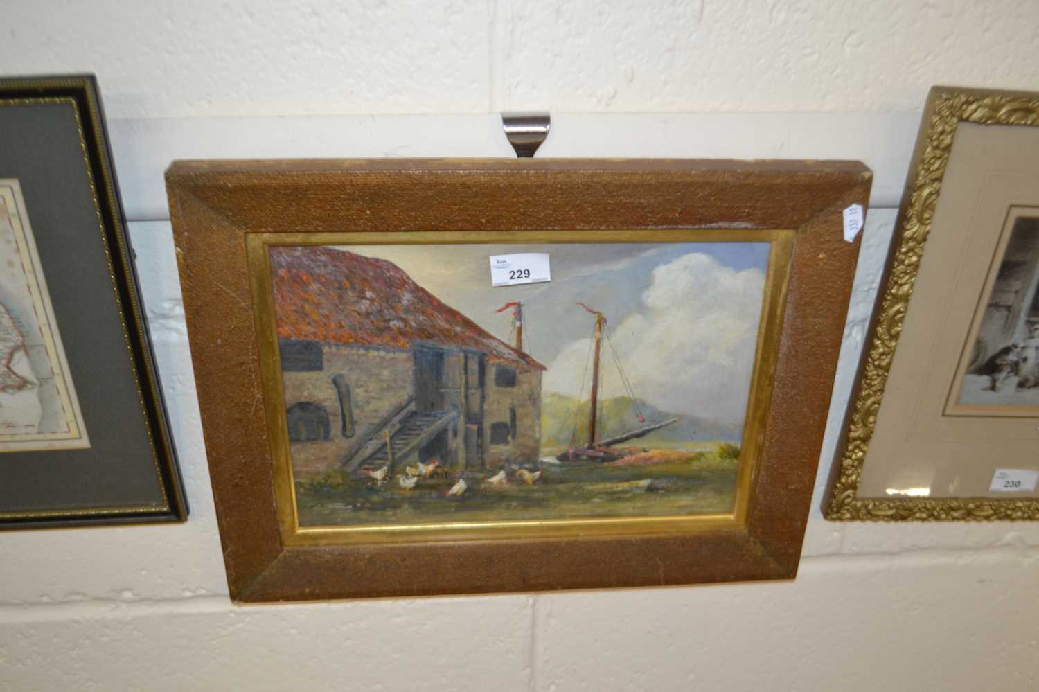 Farmyard scene with boat beyond, oil on board, framed and glazed