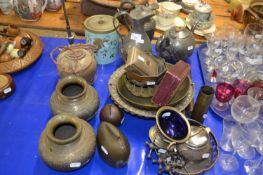 Group of metal wares including a pair of Middle Eastern style brass vases, biscuit barrel with
