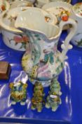 Large Chinese ceramic jug with bird decoration and three smaller pottery animals