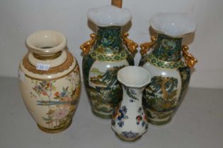 Satsuma type vase, pair of other Oriental vases with famille verte decoration and one other