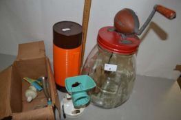 Large glass mixing jar with vintage wood and metal handle, flask and a further vintage mincer