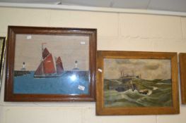 Needlework picture of a boat leaving harbour together with another of an oil on canvas