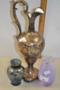 A silver glazed ewer together with two Art Glass vases
