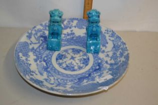 Japanese porcelain circular tray of blue and white design together with two dogs of fo on bases