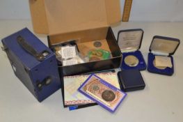Small box containing a quantity of various coinage, some copies of Roman coins, some crowns and