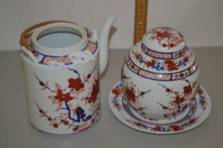 Japanese teapot with Imari decoration together with a further jar and small plate with similar