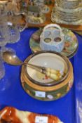 Ceramic salad bowl and servers with plated rim together with two Royal Doulton collectors plates