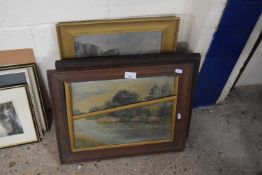 Three oil landscapes together with a Chinese silk upholstered double picture frame (4)