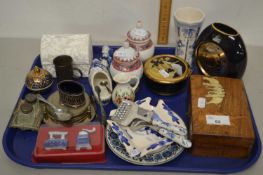 Tray containing a quantity of mainly Dutch Delft ceramics together with a wooden box with inlay