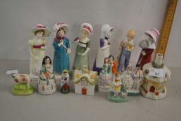 Group of pottery figures, some small Staffordshire figures including set of Royal Doulton Kate