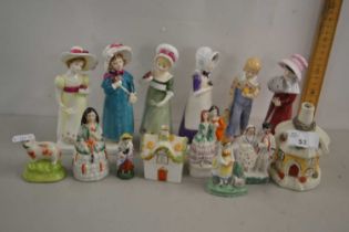 Group of pottery figures, some small Staffordshire figures including set of Royal Doulton Kate