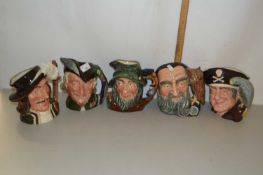 Group of five Royal Doulton character jugs including Robin Hood, Long John Silver, Merlin etc